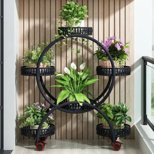 Six Pot Plant Stand With Wheels Metal Display Rack