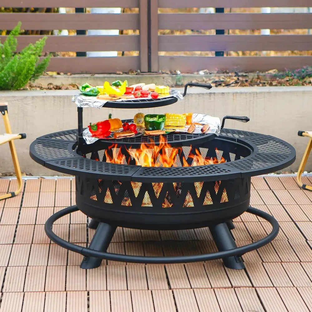 3-In-1 Fire Pit With 2 Grills Outdoor Wood Burning