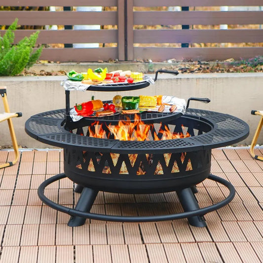 3-In-1 Fire Pit With 2 Grills Outdoor Wood Burning