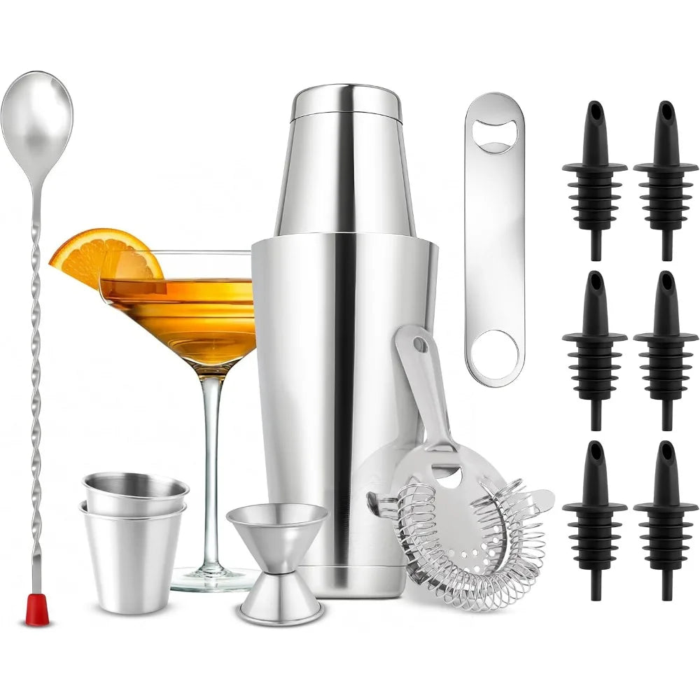 Stainless Steel Cocktail Shaker Set With Bar Tools And Recipe