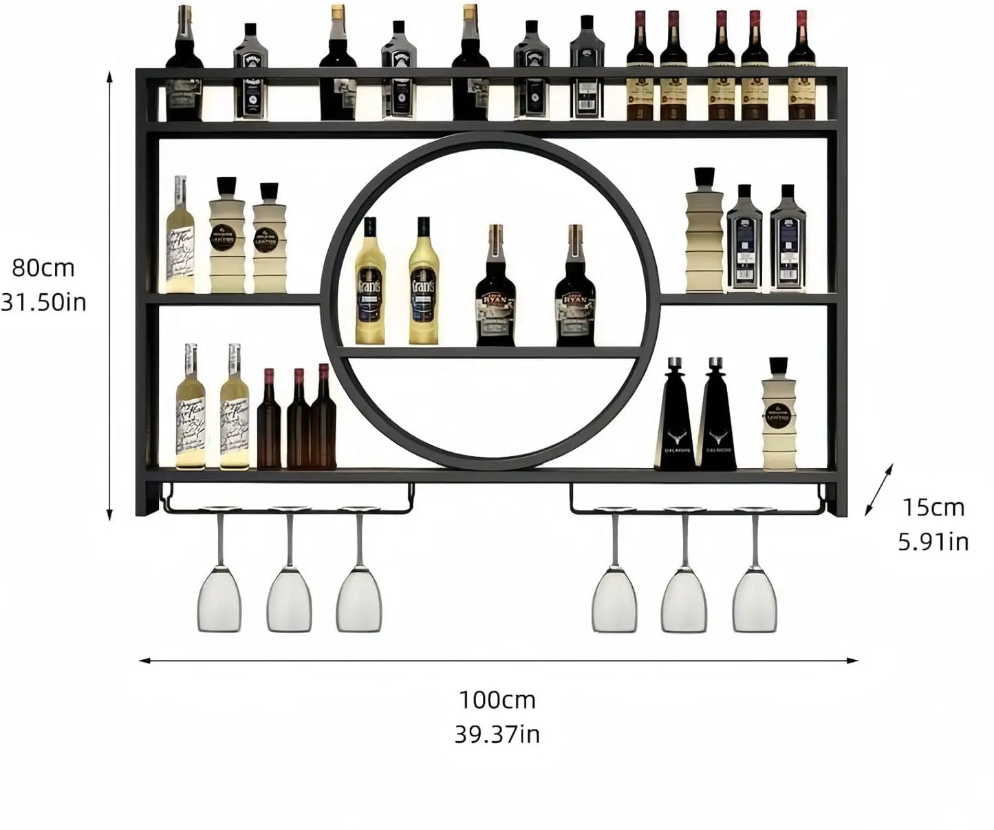 Wall Mounted Wine Rack With Glass Holder And 3 Tiers