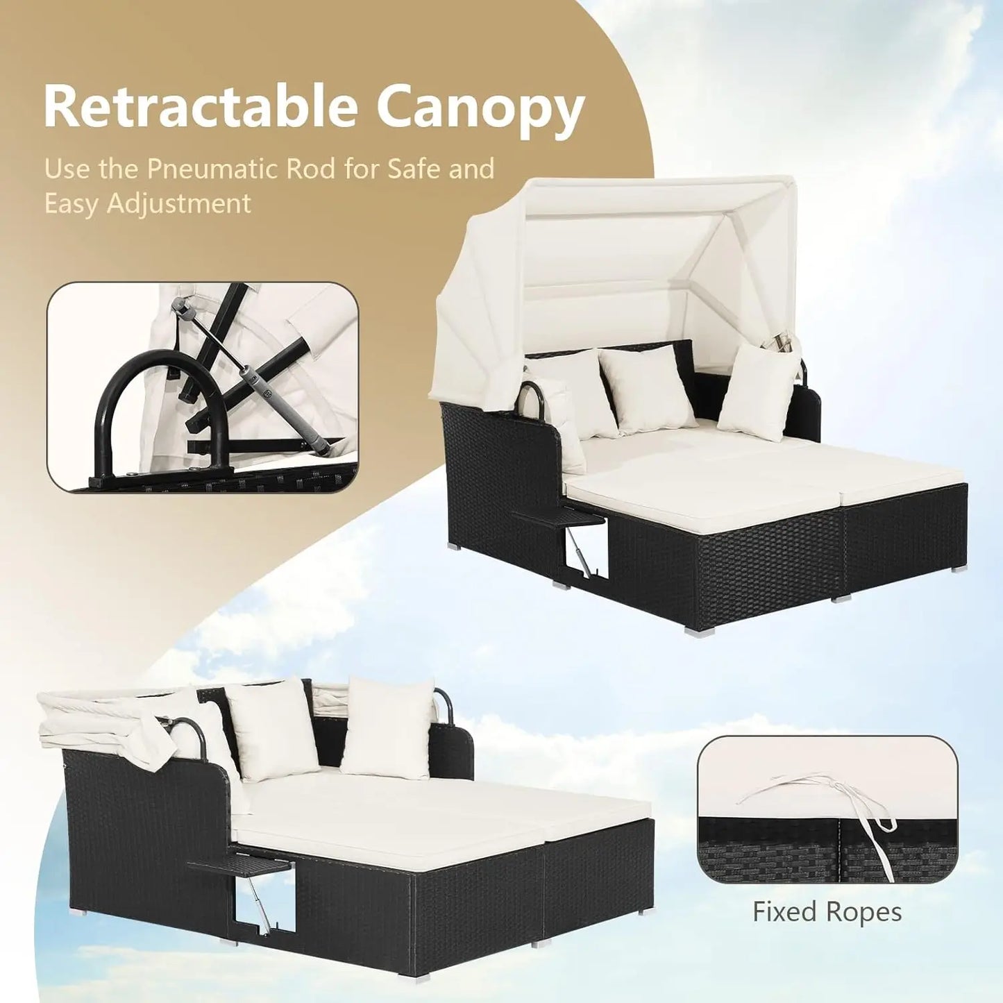GUANGBAI Outdoor Daybed With Retractable Canopy Wicker Patio Set