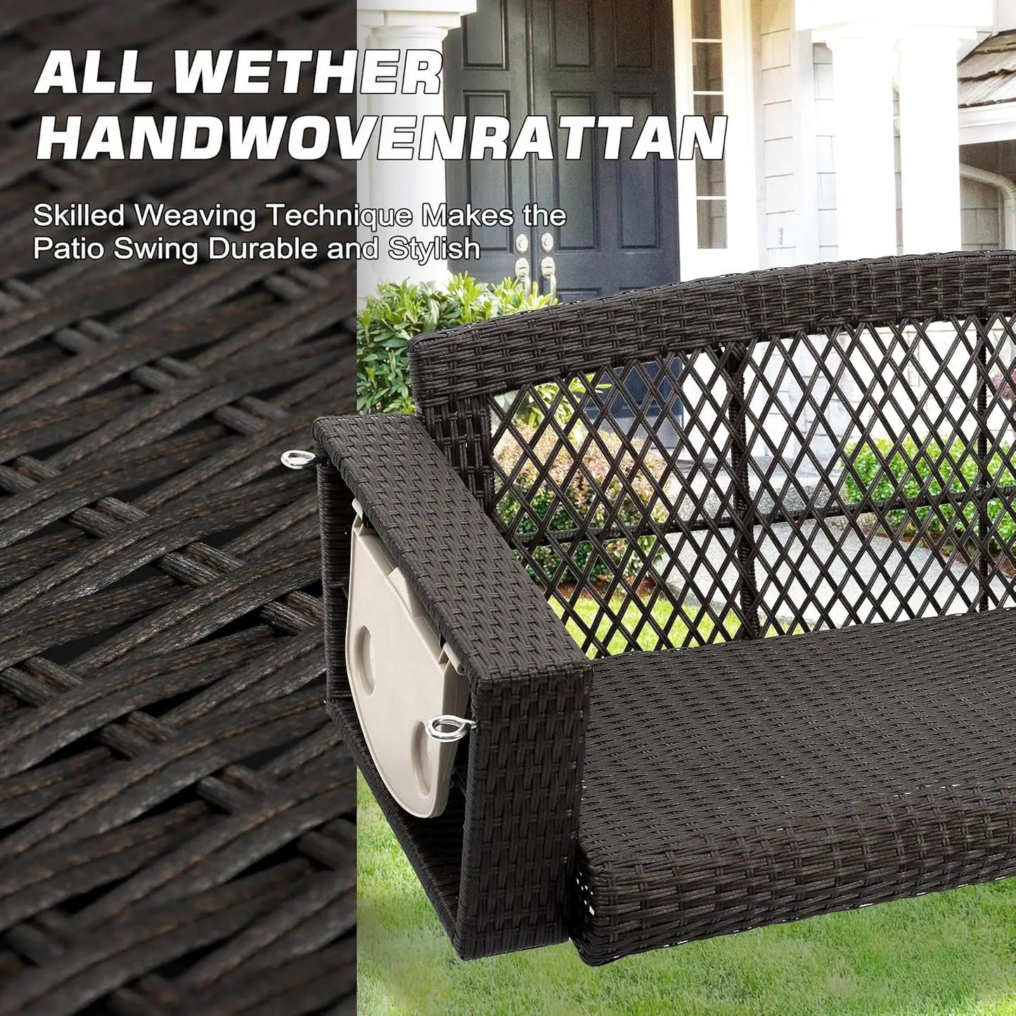 ZHENDAI Wicker Hanging Porch Swing 3-Seat Patio Swing
