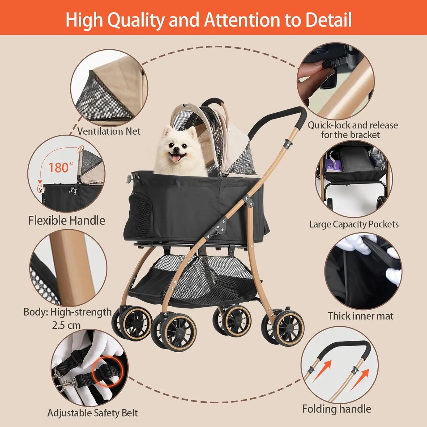 Lightweight Foldable Pet Stroller For Small Dogs And Cats