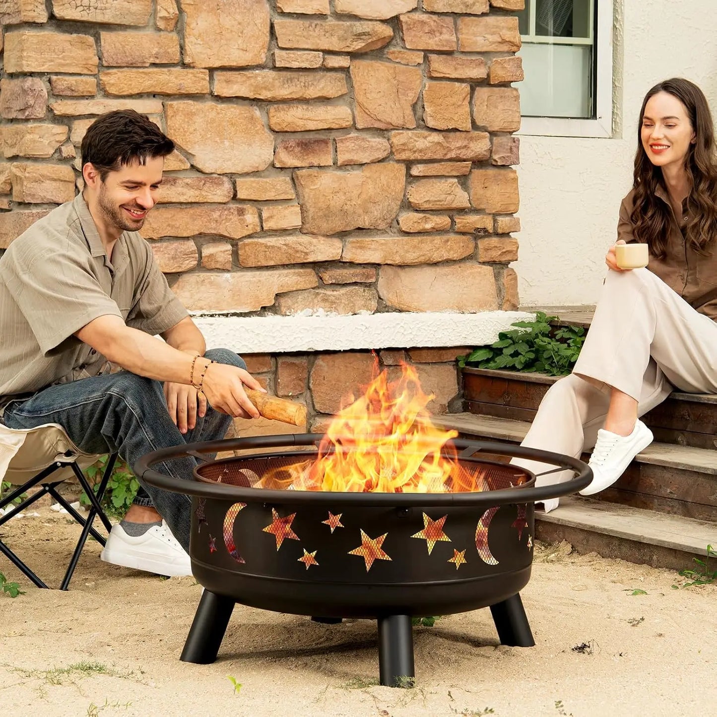 Round Fire Pit Star Moon Design Mesh Cover And Poker
