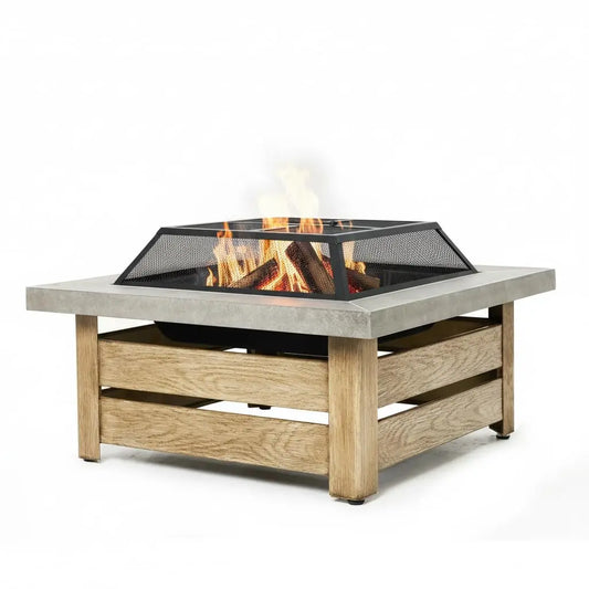 Wood Grain Outdoor Fire Pit With Iron Square Frame Mesh