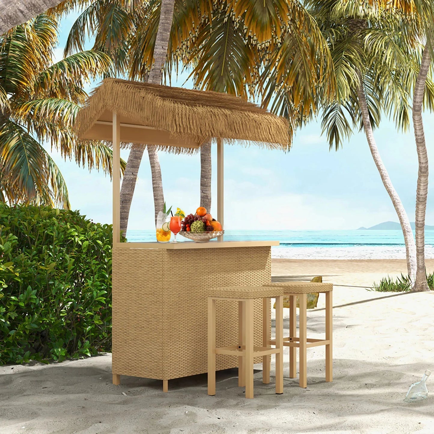 Grand Patio Phuket 3 Piece Wicker Islander Tiki Bar Set With Stools