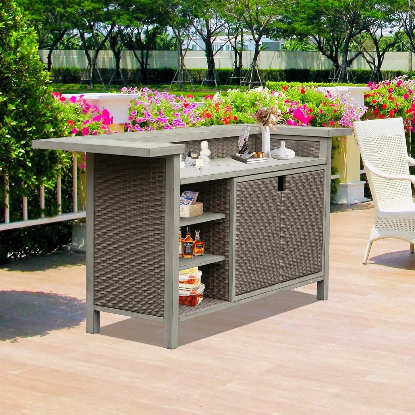 Domi Outdoor Patio Bar Table Aluminum Wicker Bar Cart Cabinet