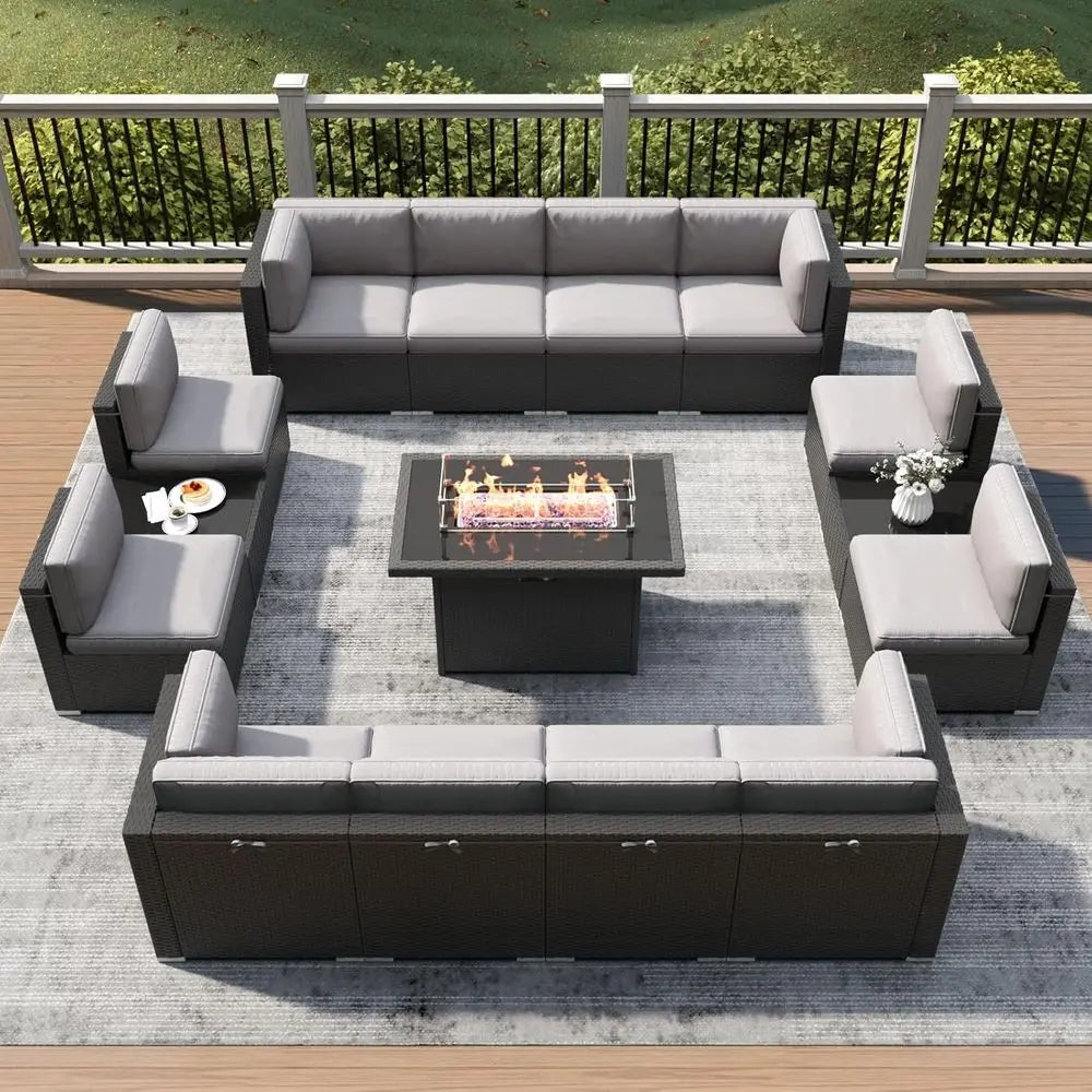 Outdoor Fire Pit Set With Rattan Wicker Sofa And Table