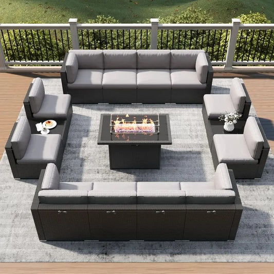 Outdoor Fire Pit Set With Rattan Wicker Sofa And Table