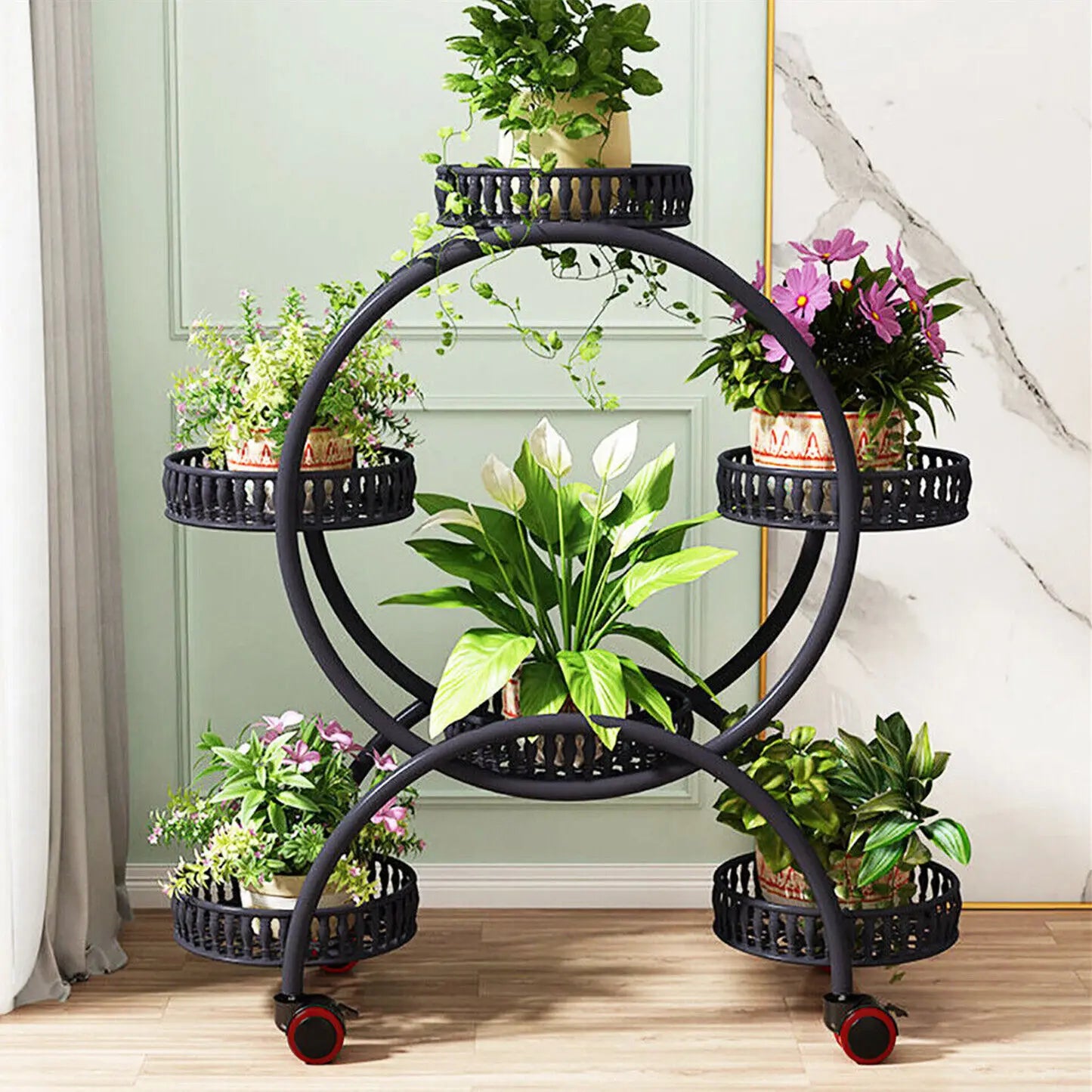 Six Pot Plant Stand With Wheels Metal Display Rack