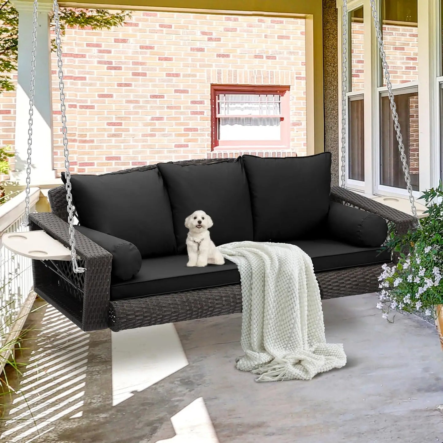 ZHENDAI Wicker Hanging Porch Swing 3-Seat Patio Swing
