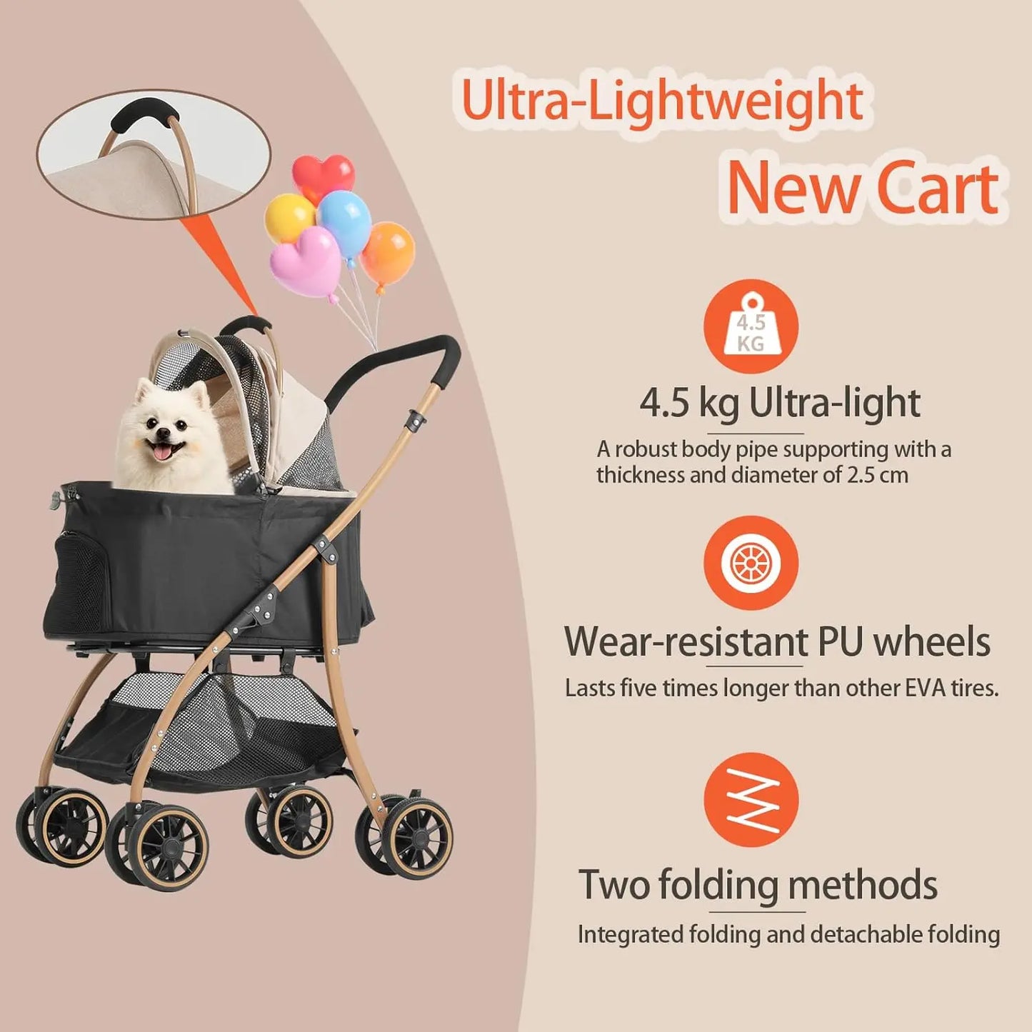 Lightweight Foldable Pet Stroller For Small Dogs And Cats