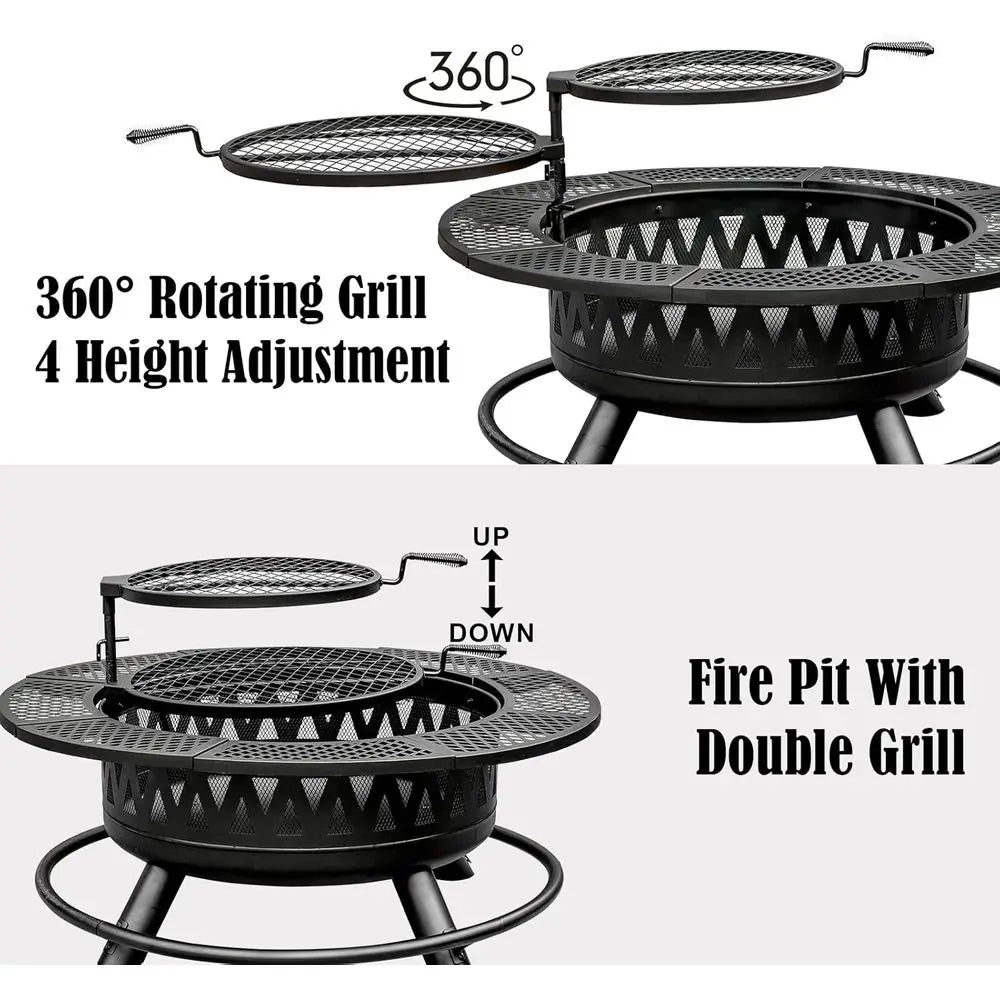 3-In-1 Fire Pit With 2 Grills Outdoor Wood Burning