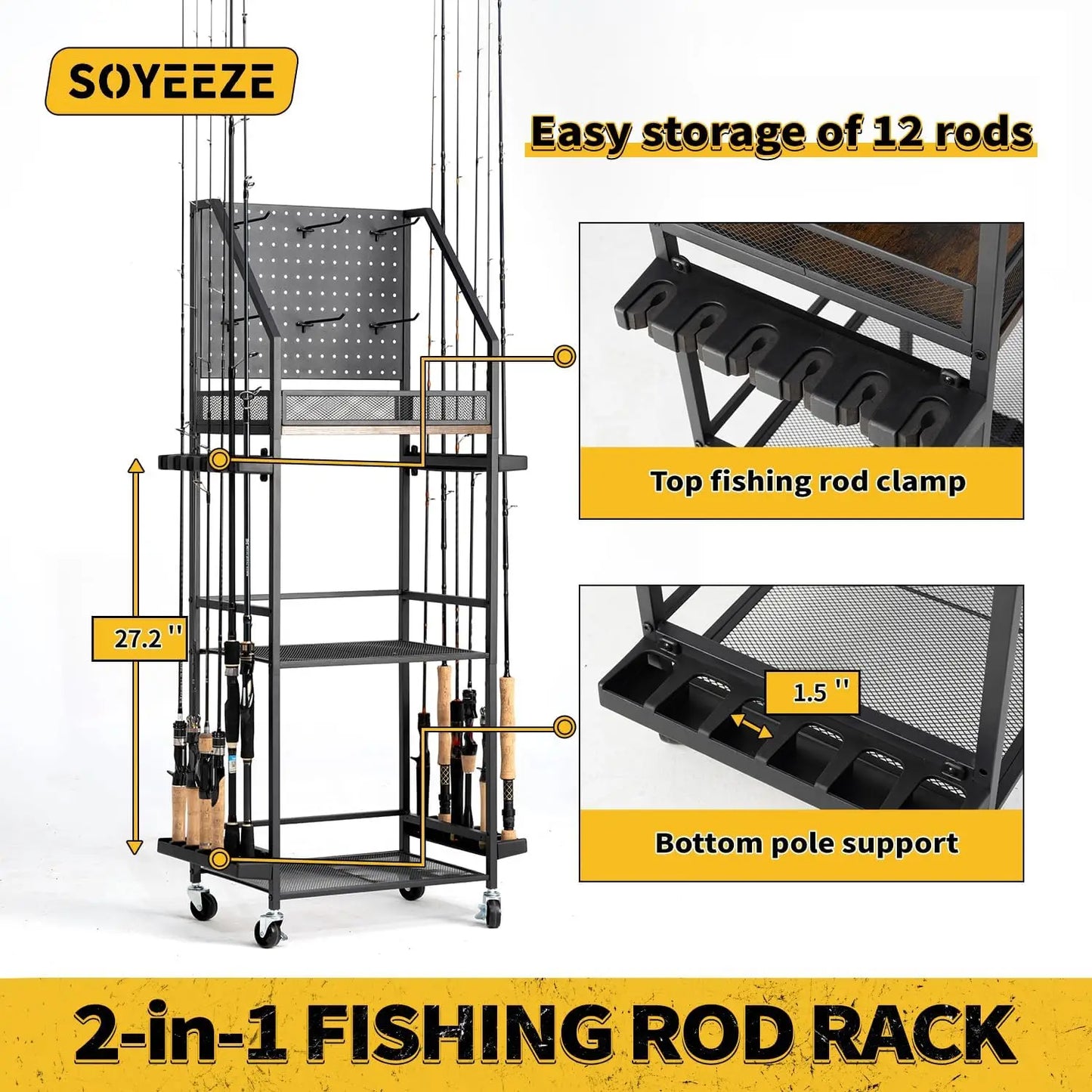 Fishing Rod Storage Cart Pegboard Holds 12 Rods Lockable Wheels