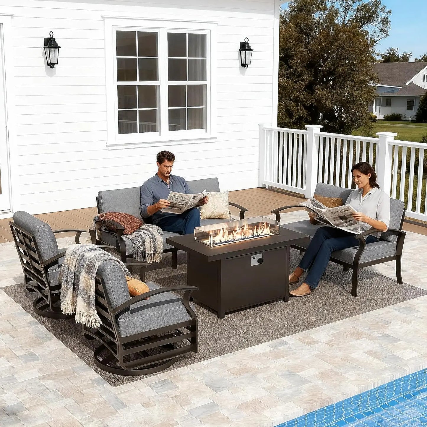 Aluminum Patio Furniture Set With Fire Pit Table And Chairs