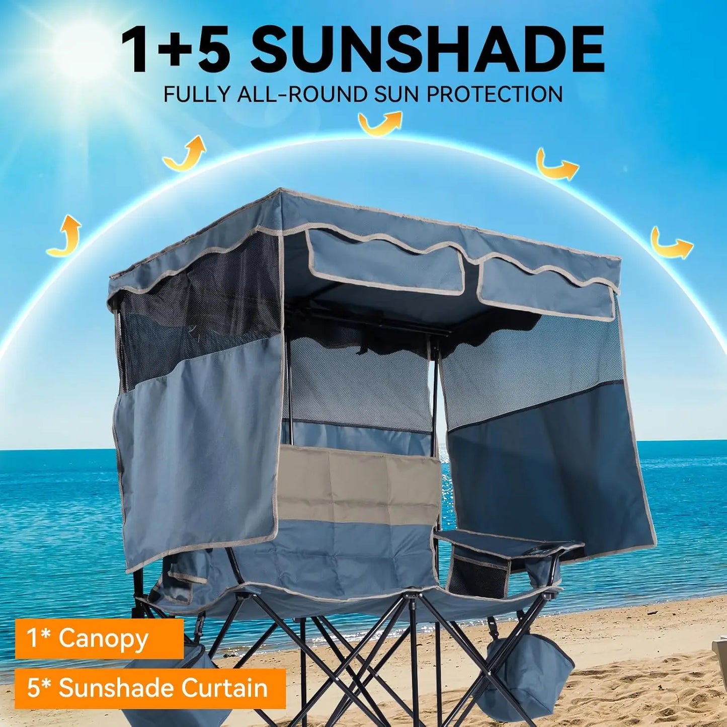 Double Camping Chair Removable Canopy Cup Holders Cooler Bag