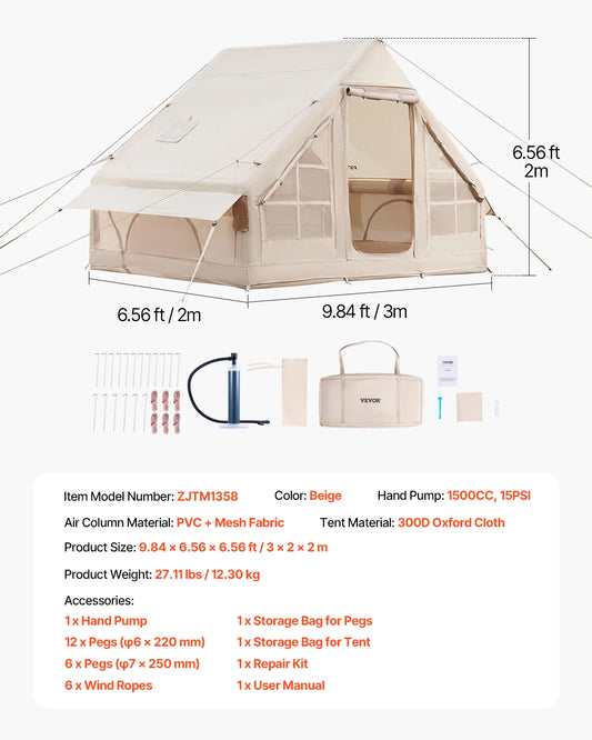 VEVOR Inflatable Camping Tent Easy Setup With Hand Pump And Stove Jack