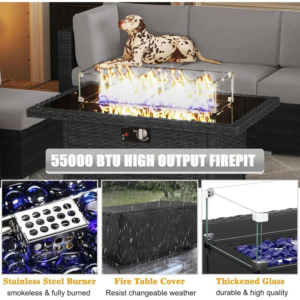 Outdoor Fire Pit Set With Rattan Wicker Sofa And Table