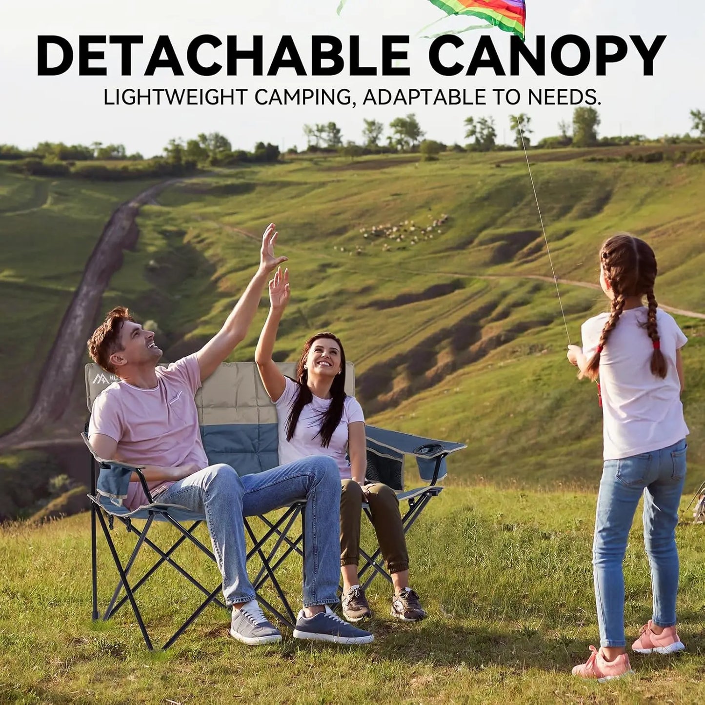 Double Camping Chair Removable Canopy Cup Holders Cooler Bag