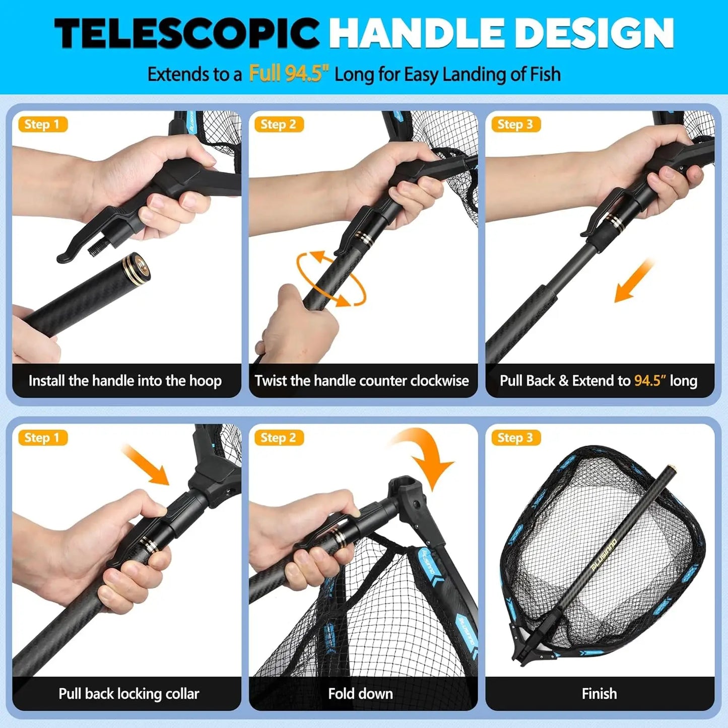 Telescoping Carbon Fiber Fishing Net With Floating Handle For Kayak