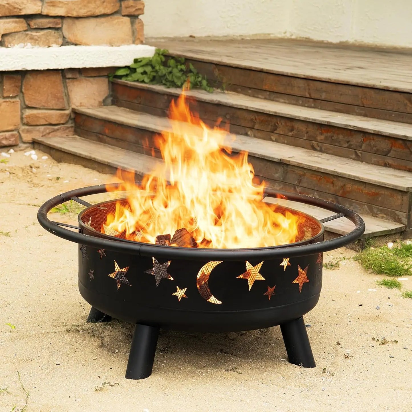 Round Fire Pit Star Moon Design Mesh Cover And Poker