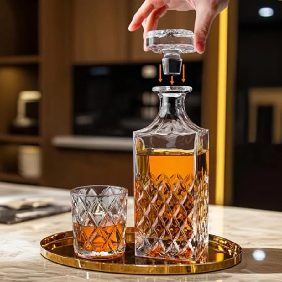 Italian Crystal Whiskey Decanter Set With 4 Glasses Gift Box