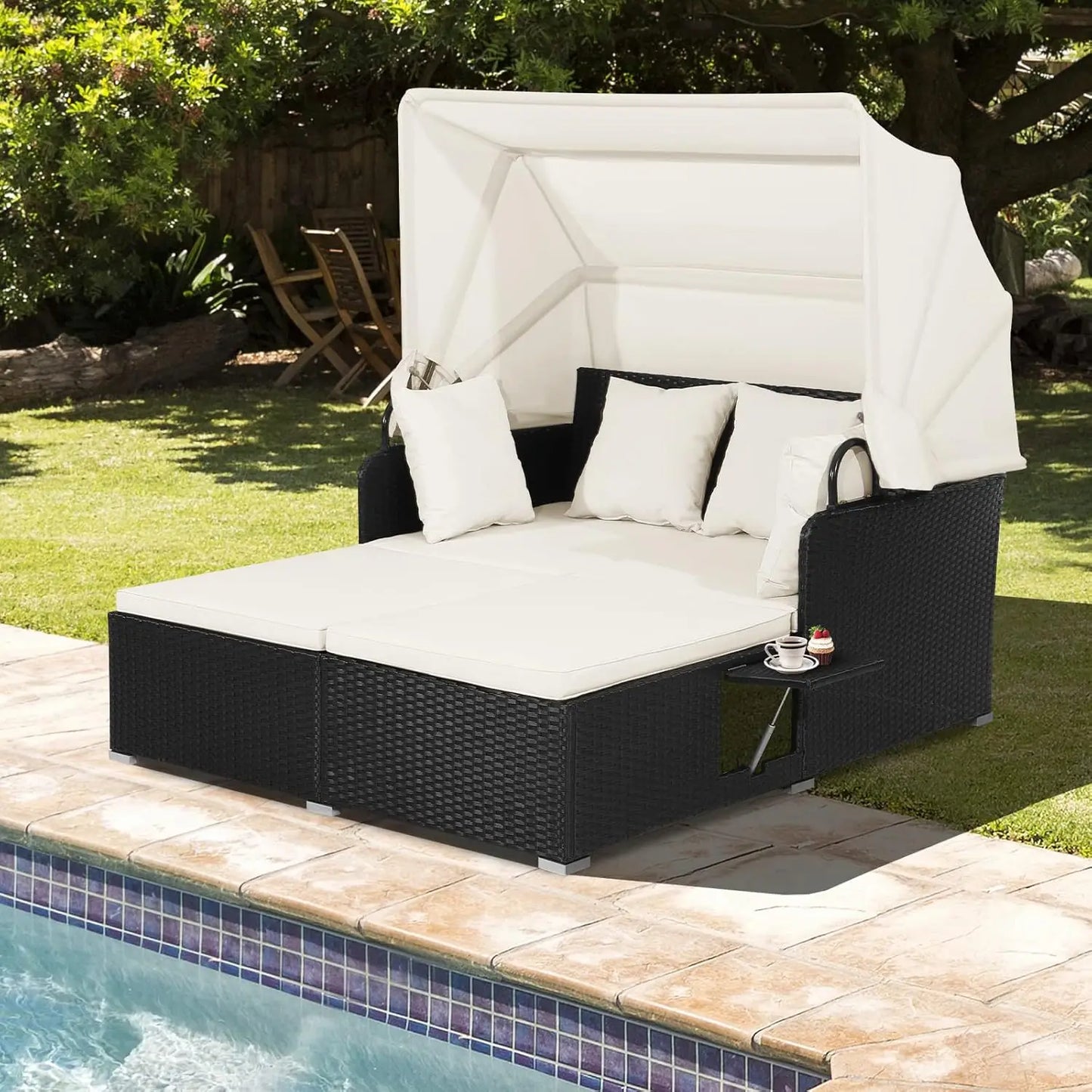 GUANGBAI Outdoor Daybed With Retractable Canopy Wicker Patio Set